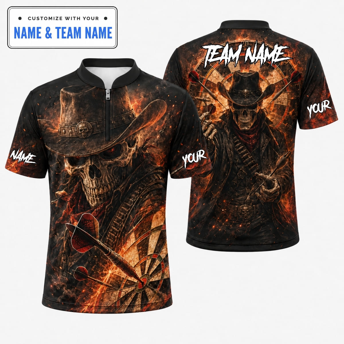 [5 Colors] Personalized Western Skull Outlaw Dartboard Bullseye Darts Shirt – Custom Name & Team Name