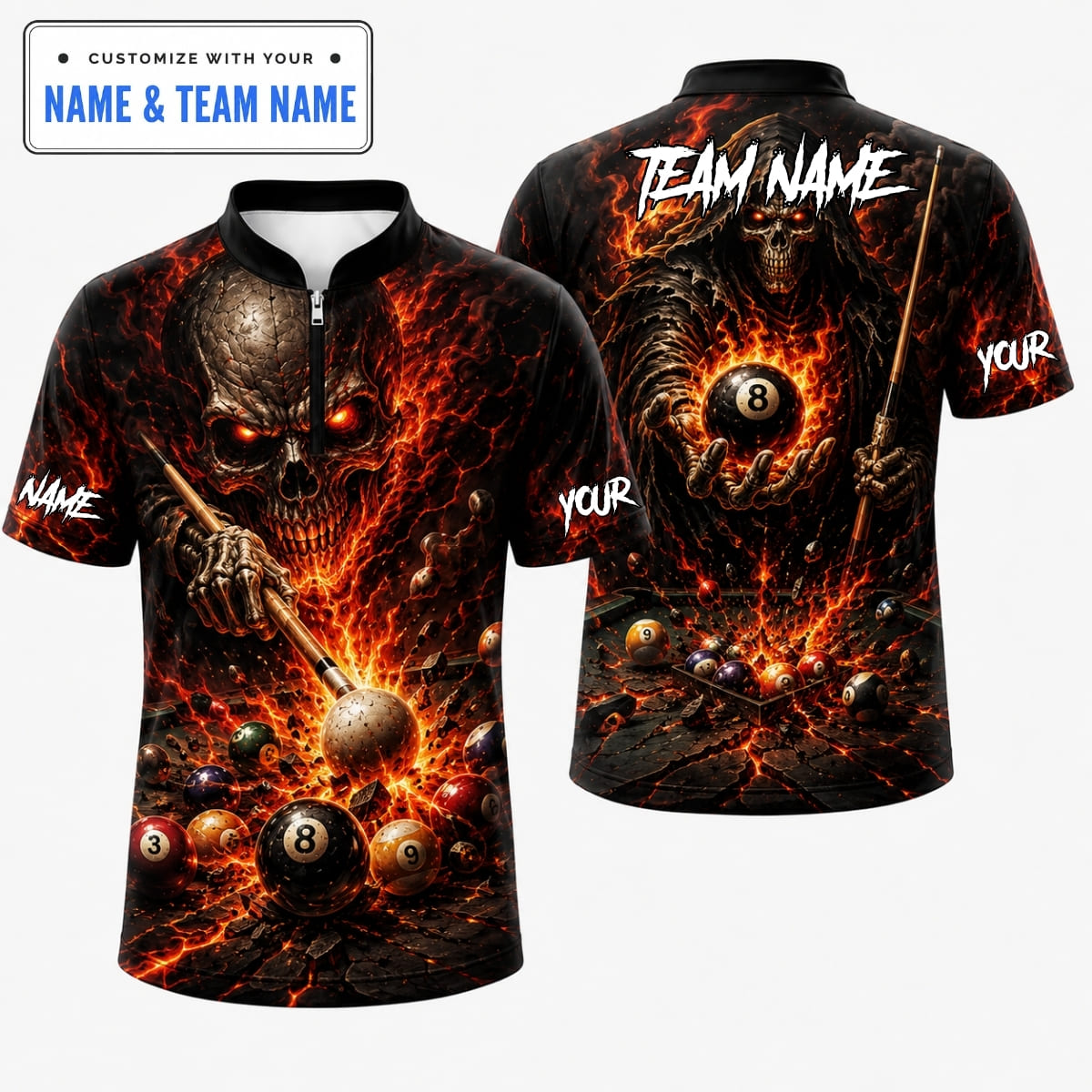 [5 Colors] Personalized Flaming Skull Reaper Billiards Break Shot Billiards Shirt – Custom Name & Team Name