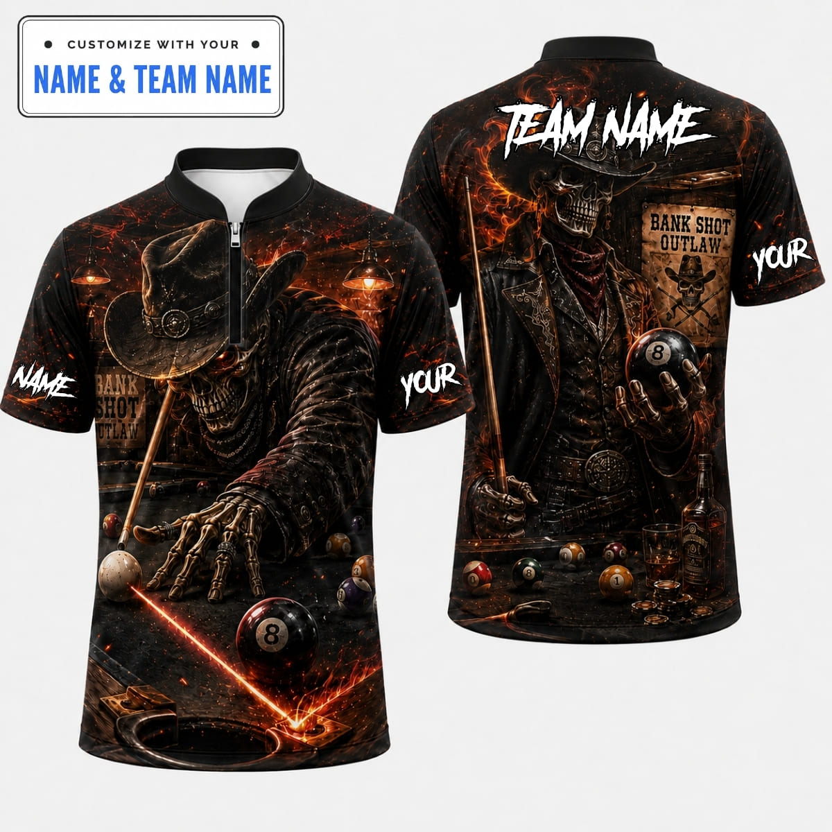 [5 Colors] Personalized Western Cowboy Skull Bank Shot Billiards Shirt – Custom Name & Team Name