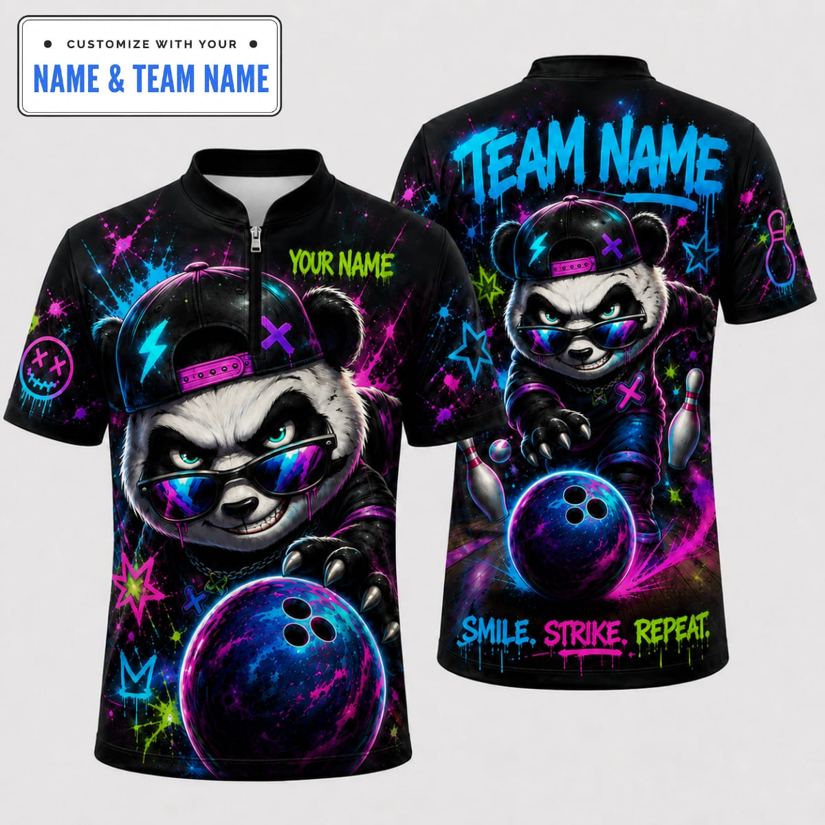 Personalized Panda Smile Strike Repeat Bowling Shirt – Custom Name & Team Name