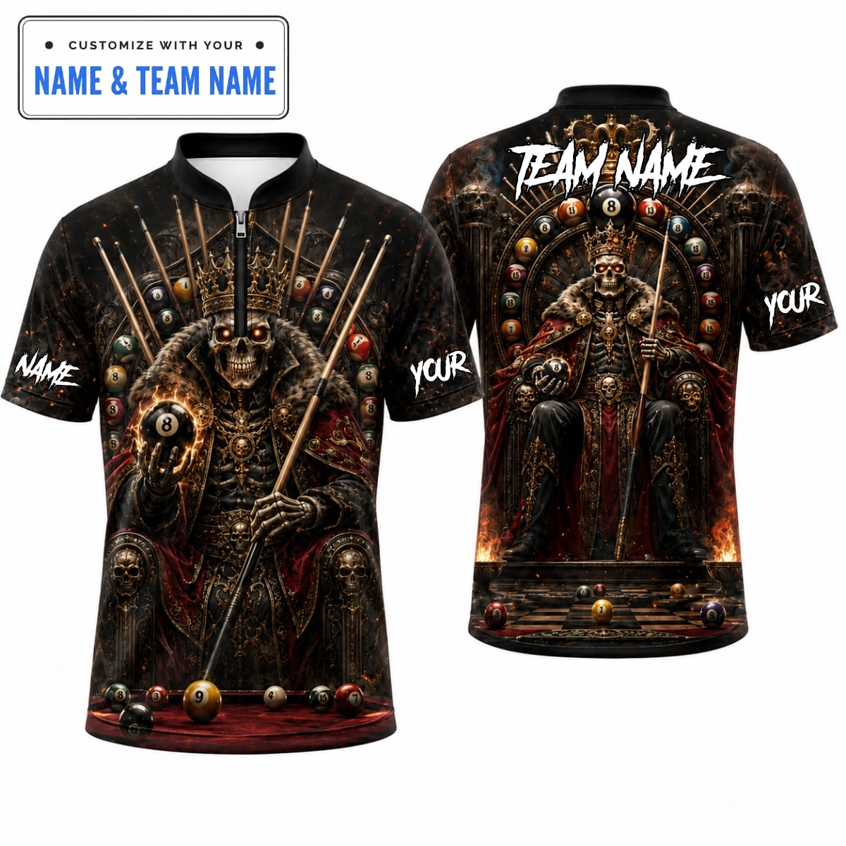 [5 Colors] Personalized Royal Skeleton King Billiards Pool Table Billiards Shirt – Custom Name & Team Name