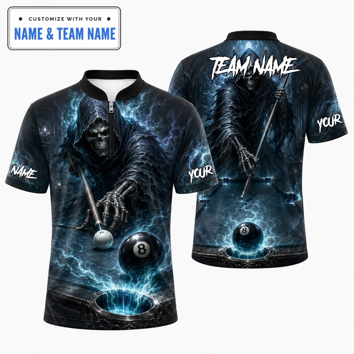 [5 Colors] Personalized Phantom Reaper Pool Cue 8 Ball Billiards Shirt – Custom Name & Team Name