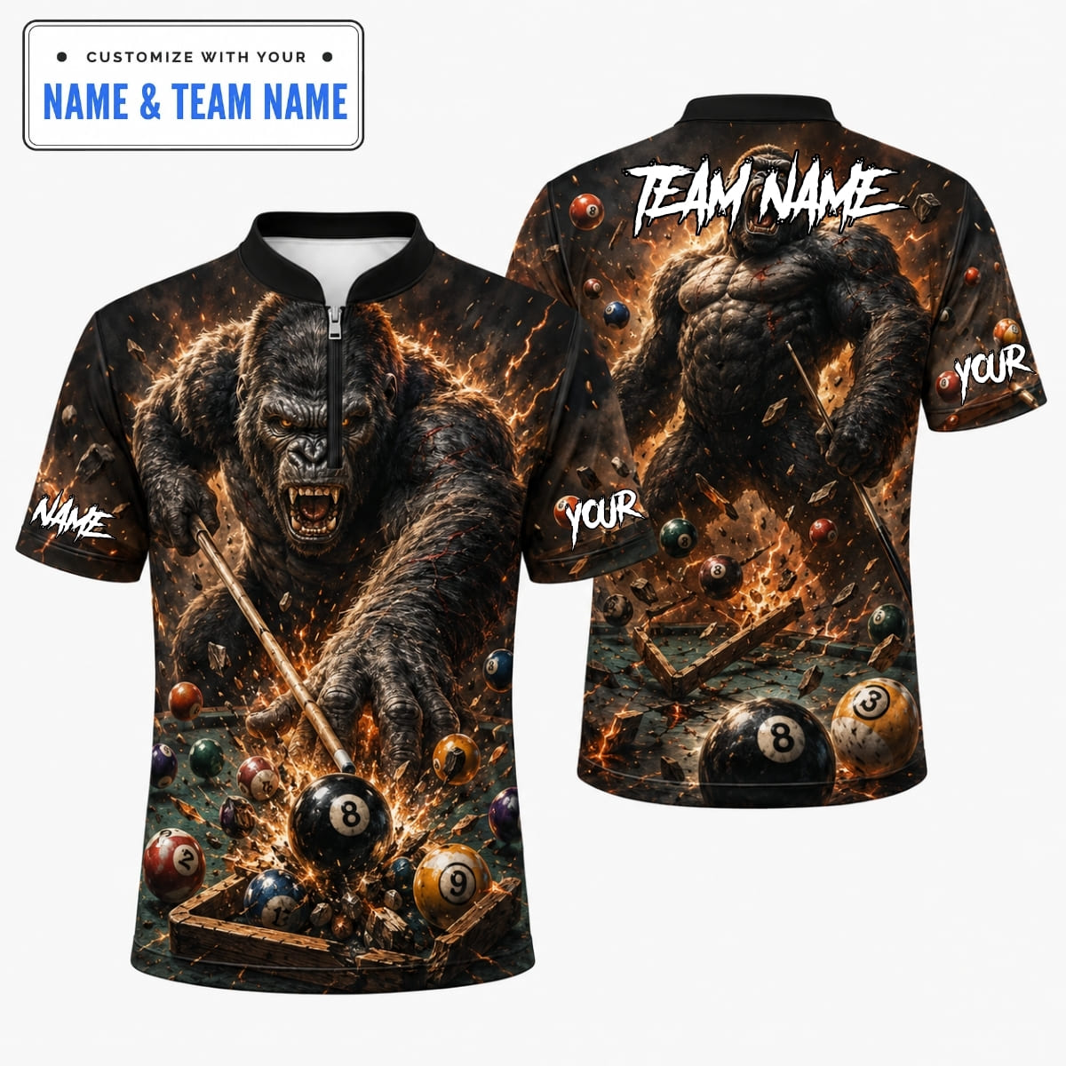 [5 Colors] Personalized Angry Gorilla Billiards Break Shot Billiards Shirt – Custom Name & Team Name