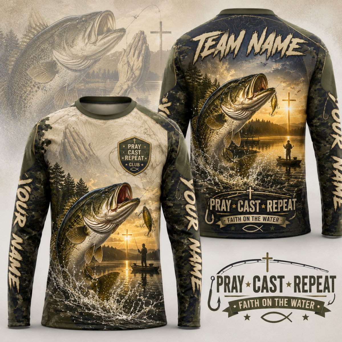 (12 Fish Types) Personalized Pray Cast Repeat Club Fishing Shirt – Custom Name & Team Name