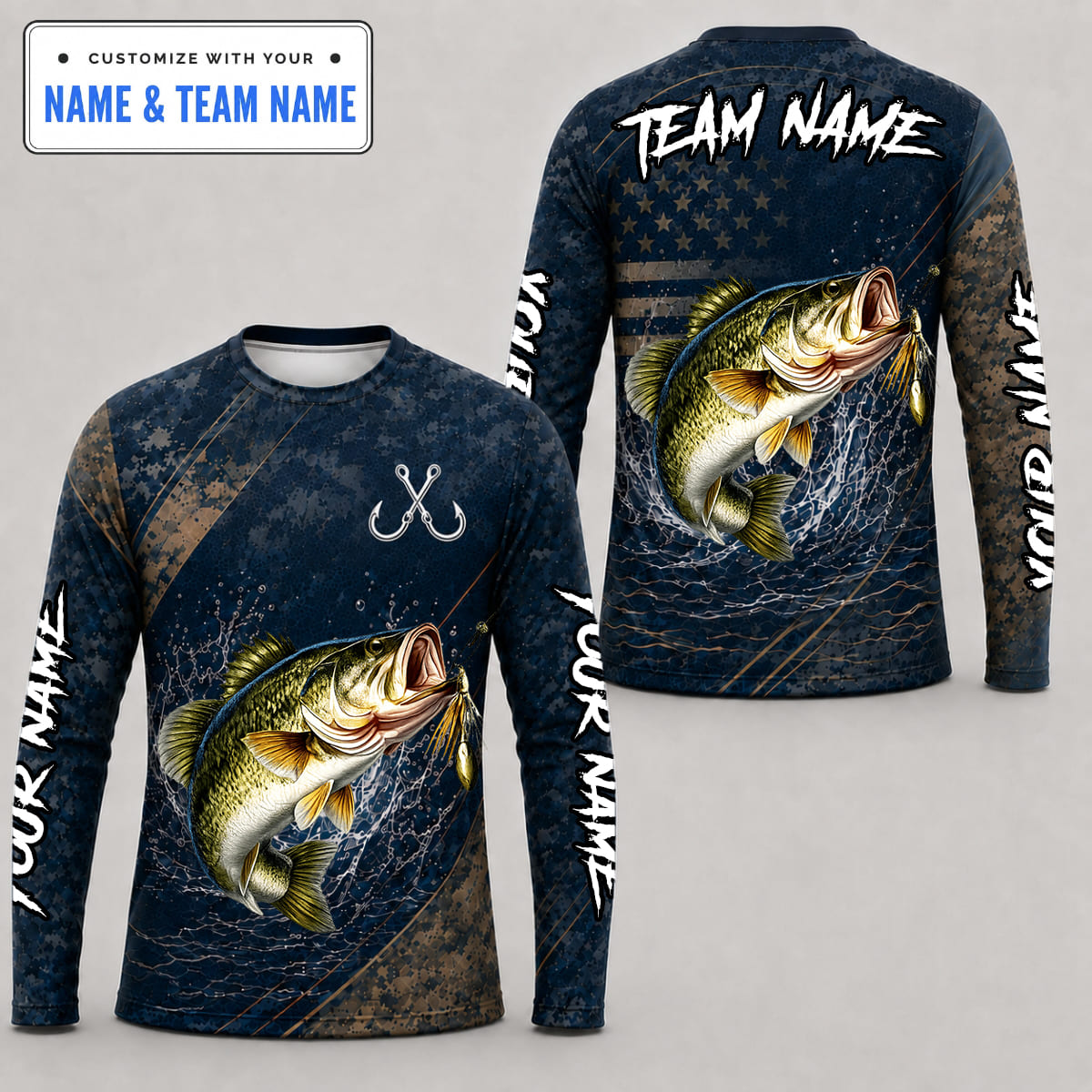 (12 Fish Types) Personalized Camo US Flag Monster Fish Catching Lure Patriotic Fishing Shirt – Custom Name & Team Name FS08