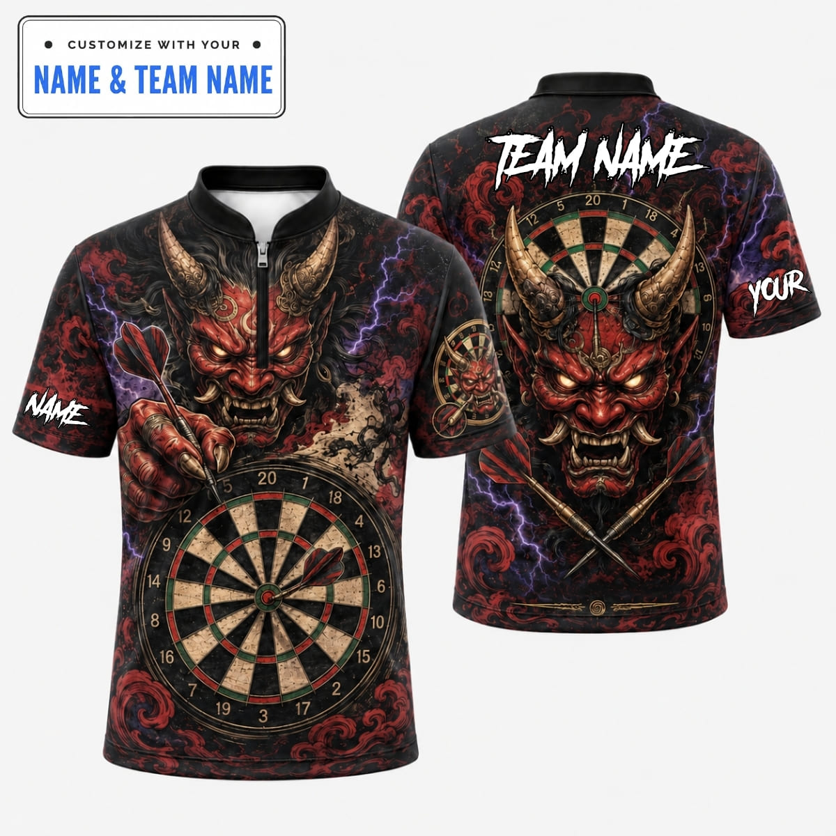 [4 Colors] Personalized Japanese Oni Demon Mask Darts Shirt – Custom Name & Team Name