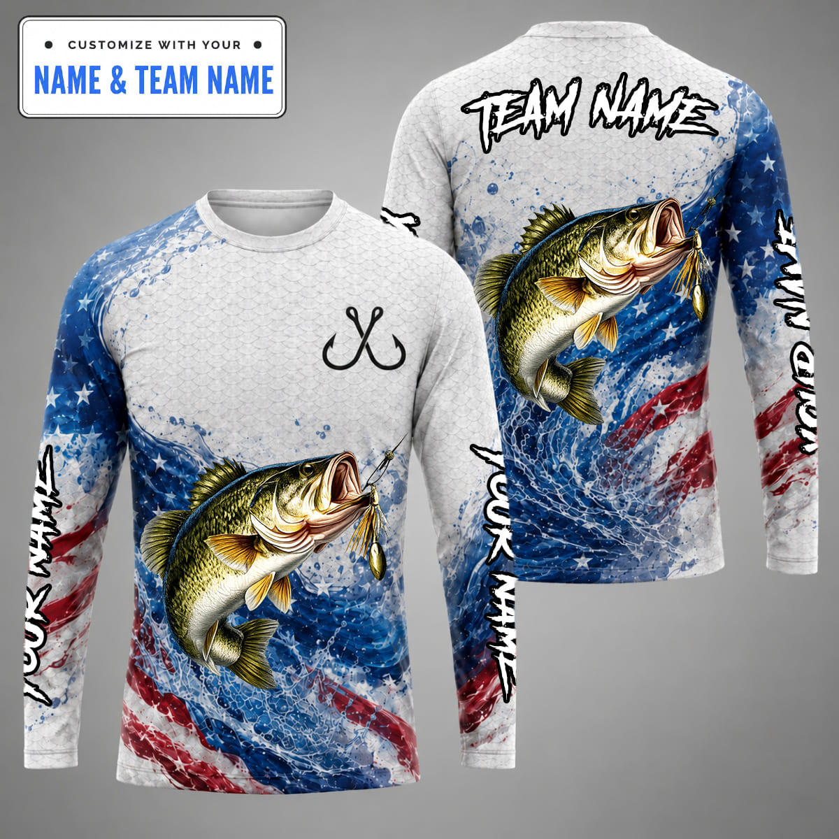 (12 Fish Types) Personalized Vibrant Intense Fish Scale US Flag Fishing Shirt – Custom Name & Team Name FS08