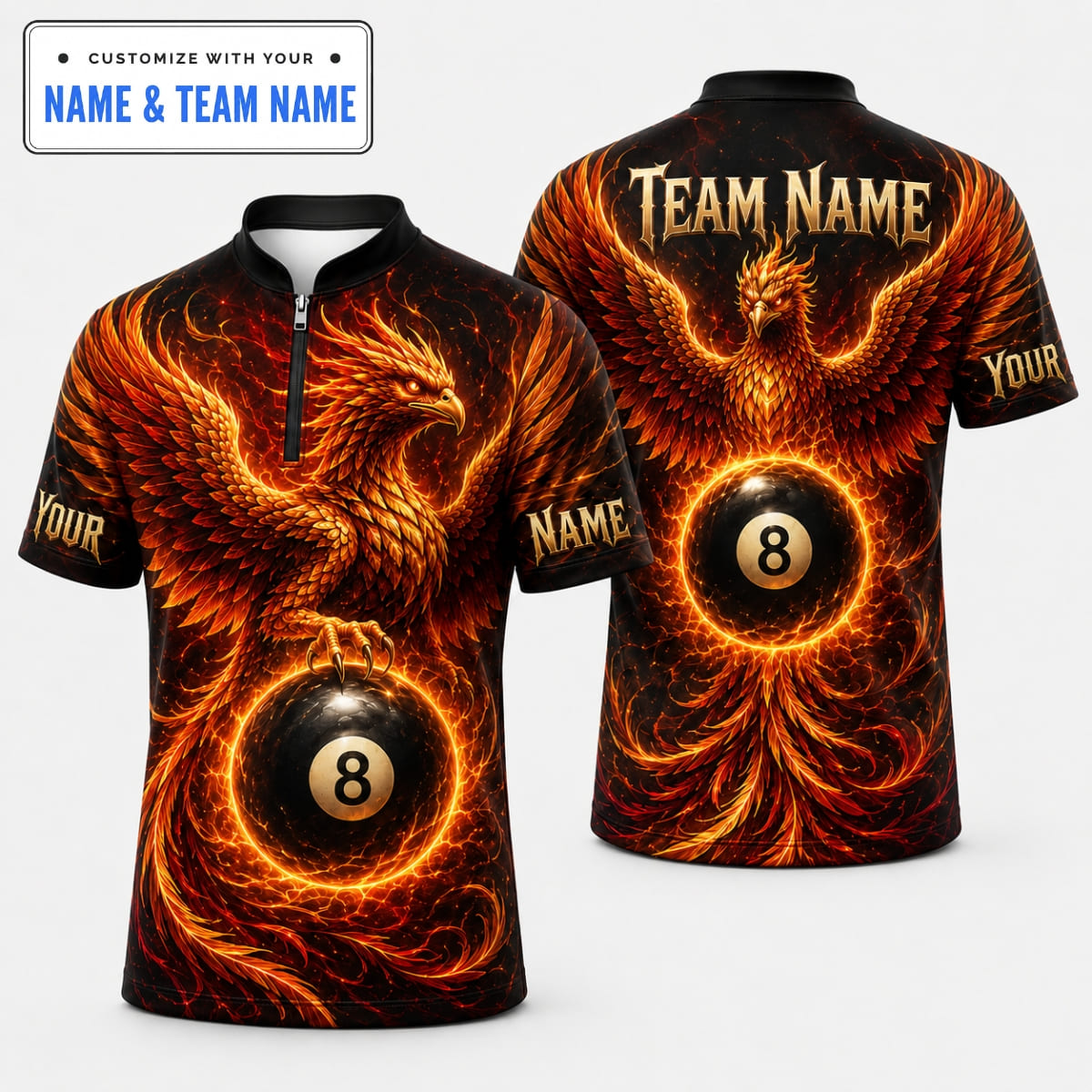 Personalized Fire Phoenix 8 Ball Billiards Shirts – Custom Name & Team Name