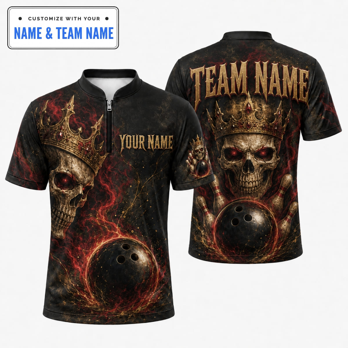 Personalized Crowned Skull King Bowling Shirt – Custom Name & Team Name