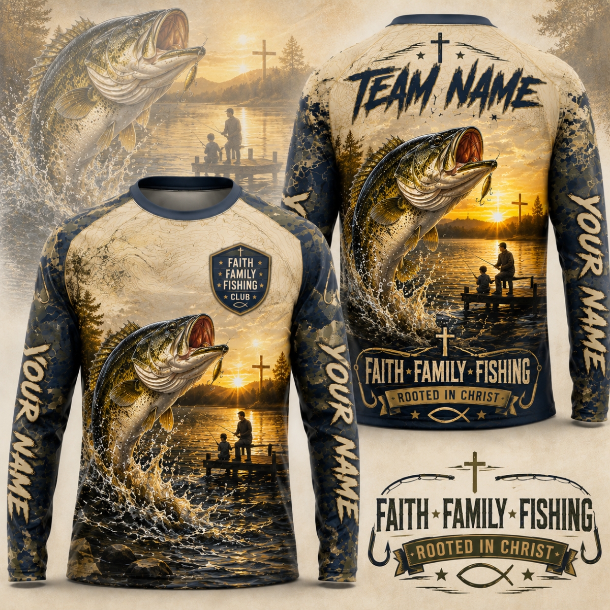 (12 Fish Types) Personalized Faith Family Fishing Club Fishing Shirt – Custom Name & Team Name