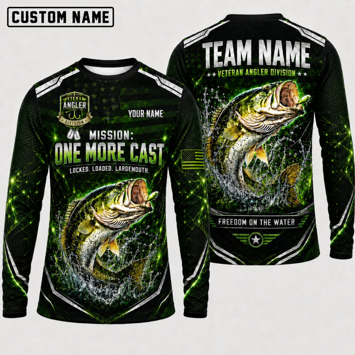 (12 Fish Types) Personalized Veteran Angler American Flag Fishing Shirt – Custom Name & Team Name