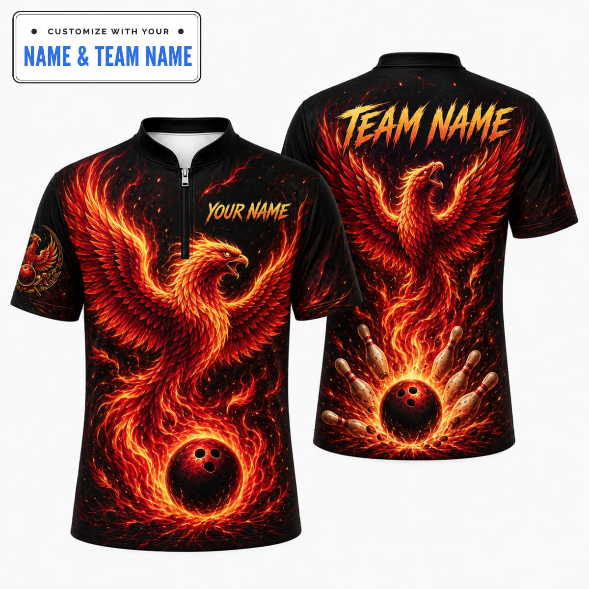 Personalized Rising Fiery Phoenix Bowling Shirt – Custom Name & Team Name