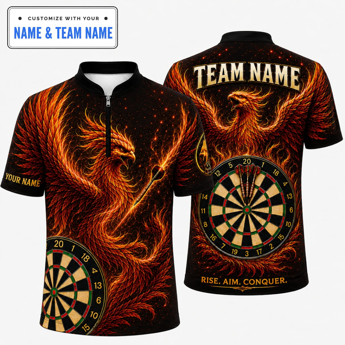 Personalized Mythical Phoenix Rise Aim Conquer Darts Shirt – Custom Name & Team Name