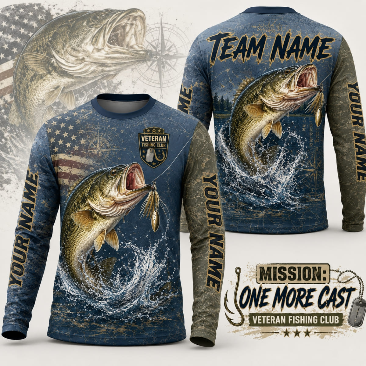 (12 Fish Types) Personalized Badass Mission One More Cast Veteran Fishing Shirts – Custom Name & Team Name