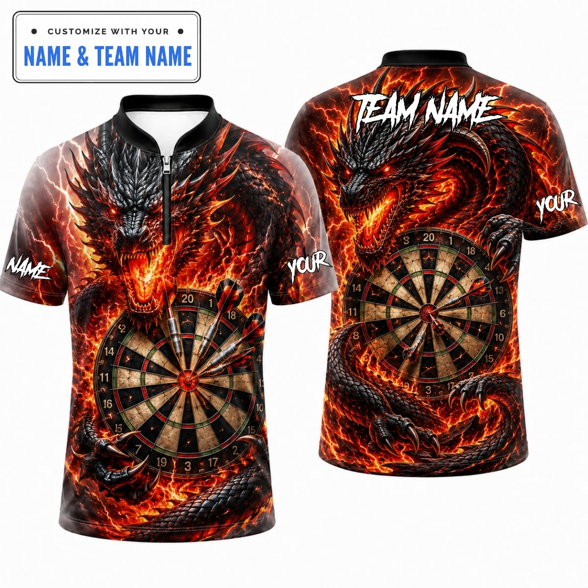 [5 Colors] Personalized Fiery Dragon Dartboard Bullseye Darts Shirt – Custom Name & Team Name