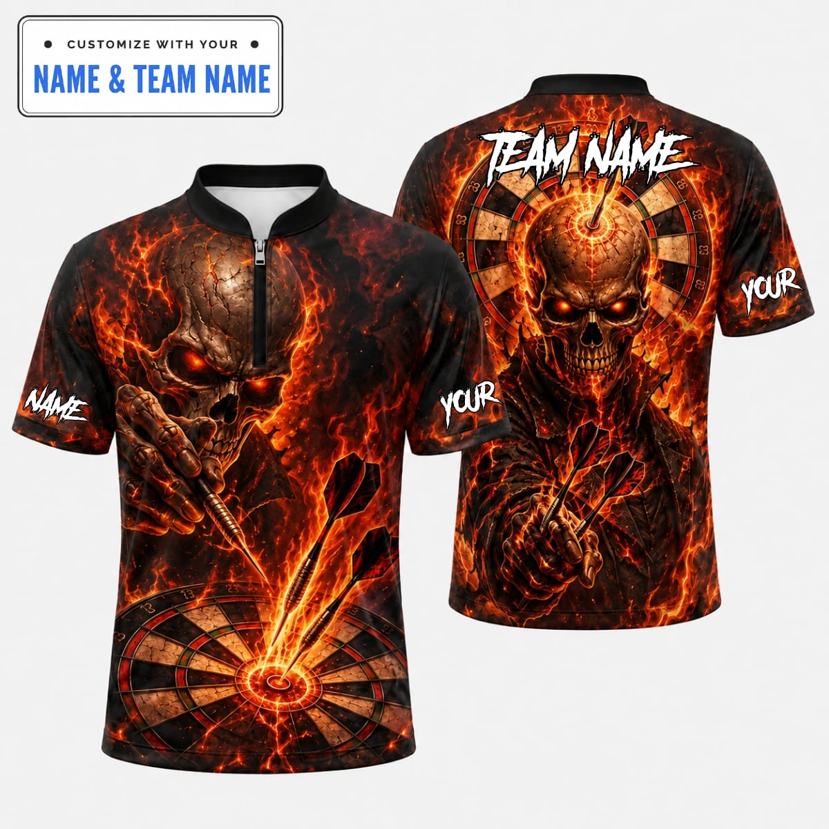 [5 Colors] Personalized Flaming Skull Reaper Dartboard Bullseye Darts Shirt – Custom Name & Team Name