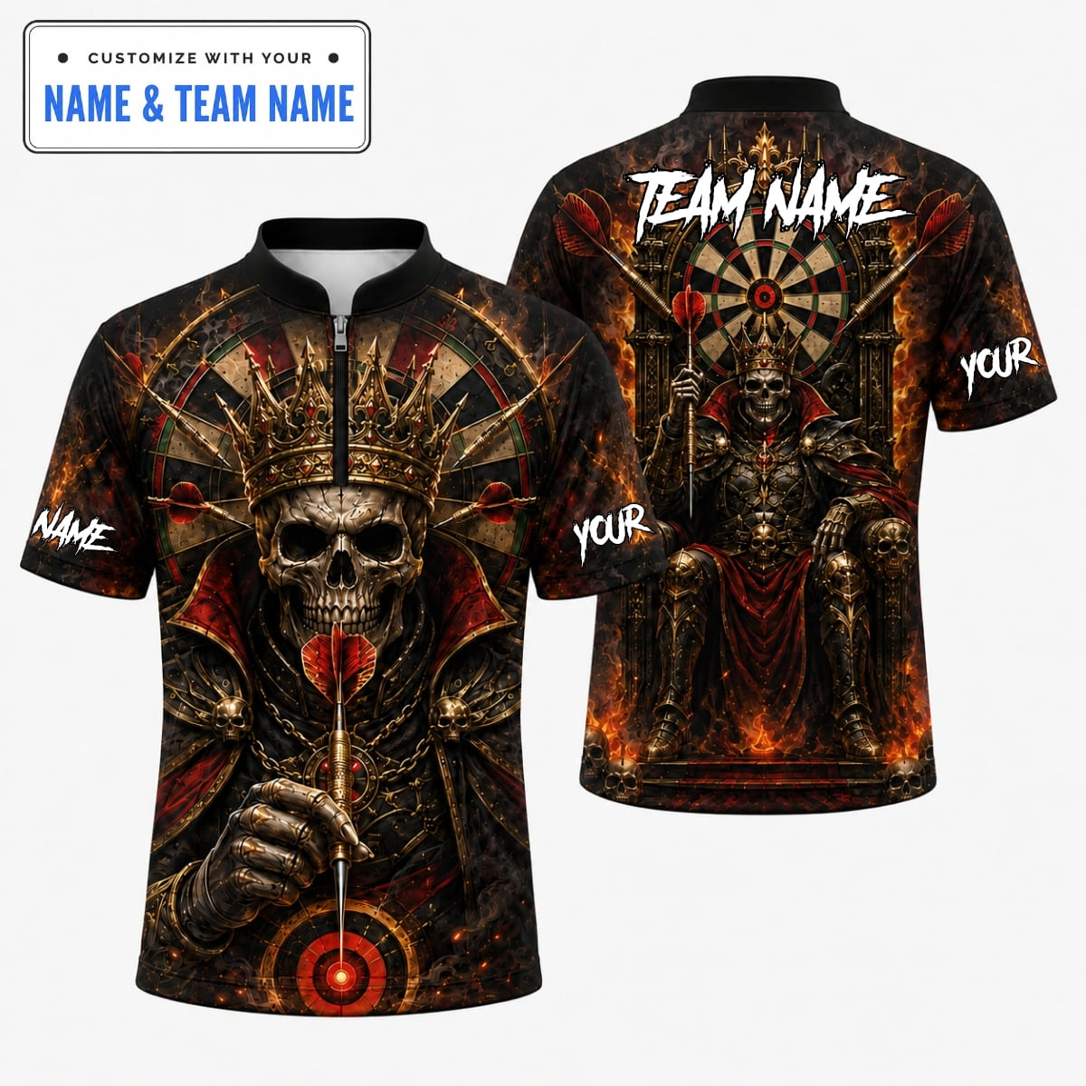 [5 Colors] Personalized Fierce Crowned Skeleton King Throne Darts Shirt – Custom Name & Team Name