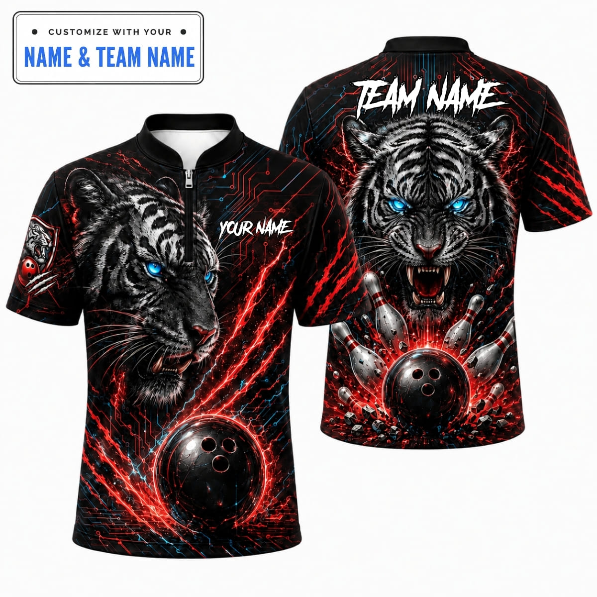 [5 Colors] Personalized Badass Cyberpunk Tiger Bowling Shirt – Custom Name & Team Name