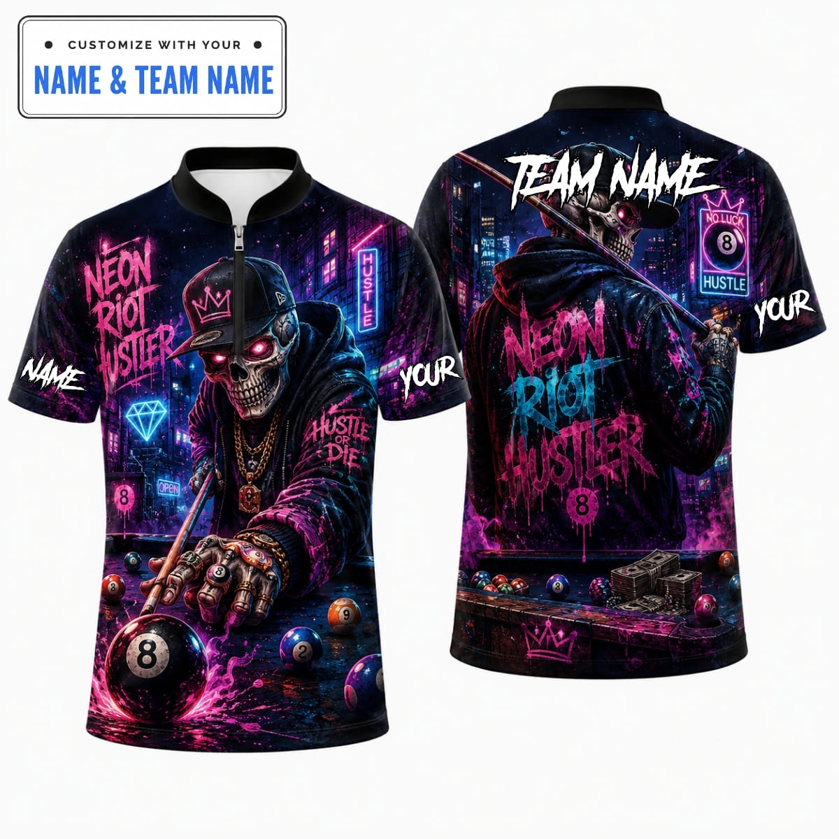 Personalized Neon Cyberpunk Skull Hustler Billiards Shirt – Custom Name & Team Name