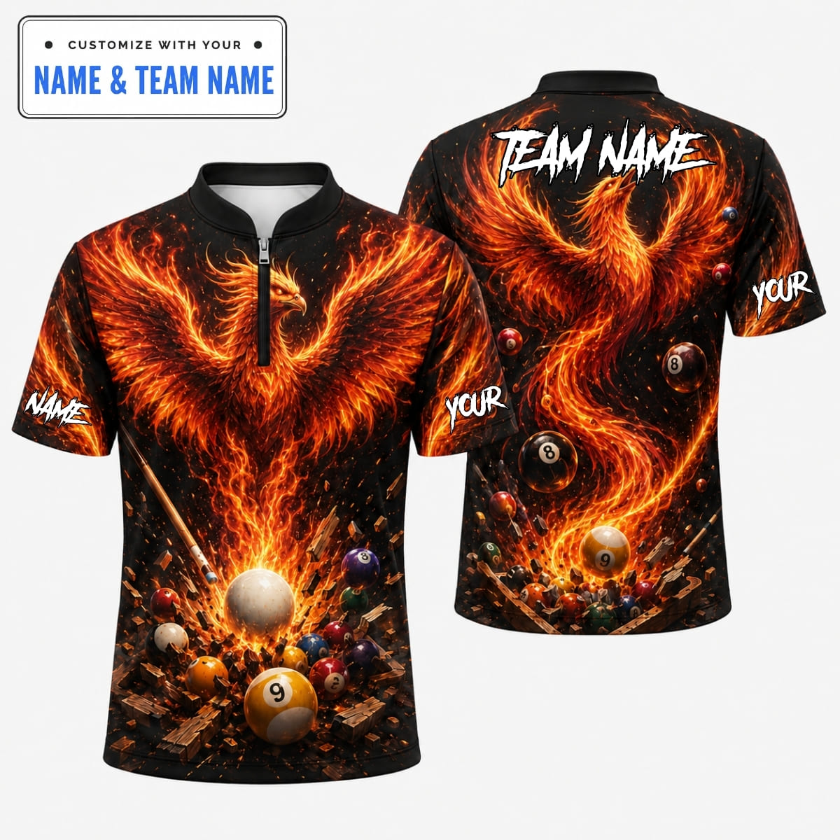 [5 Colors] Personalized Fierce Flaming Phoenix Bird Pool Cue 8 Ball Billiards Shirt – Custom Name & Team Name