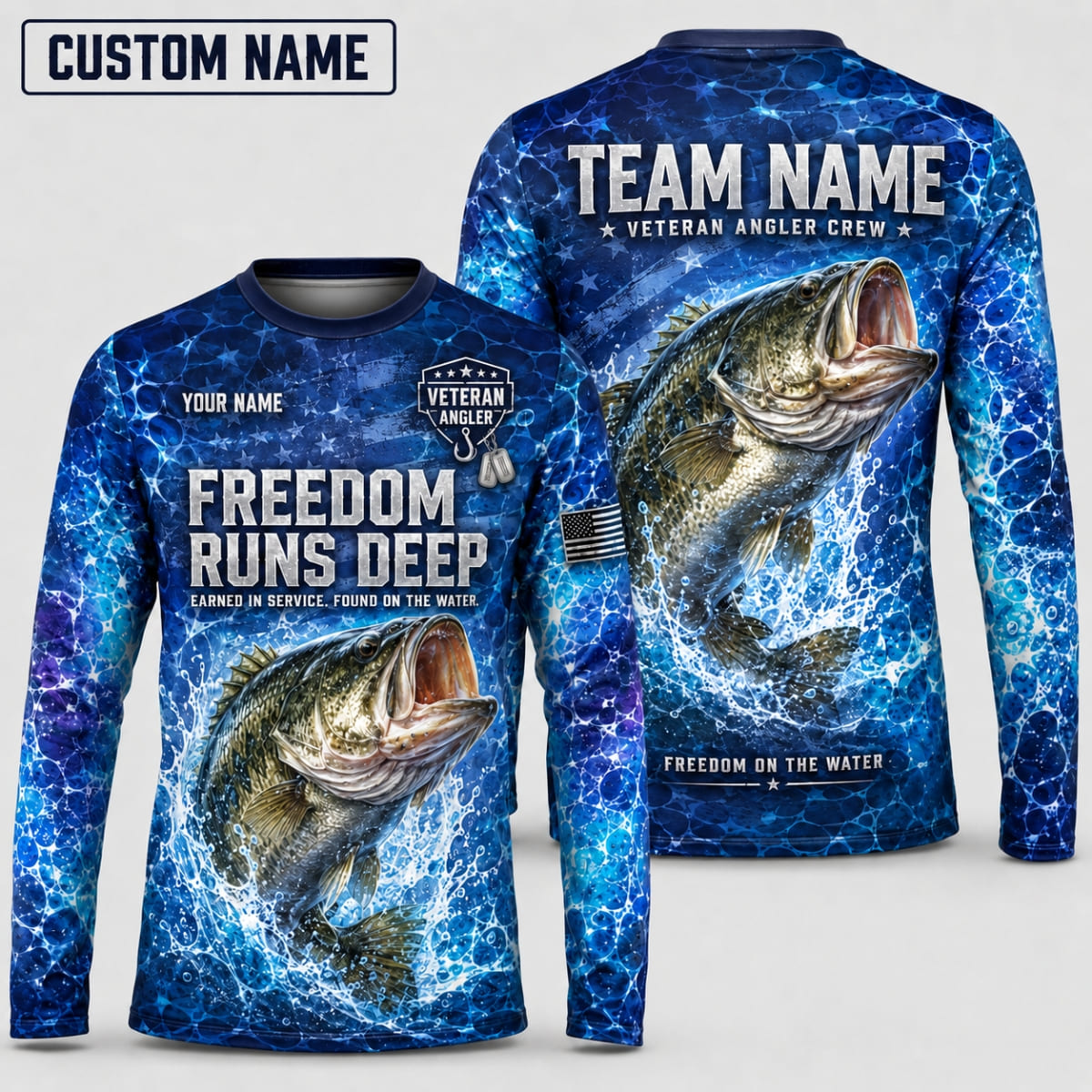 (12 Fish Types) Personalized Veteran Fishing Club American Flag Fishing Shirt – Custom Name & Team Name