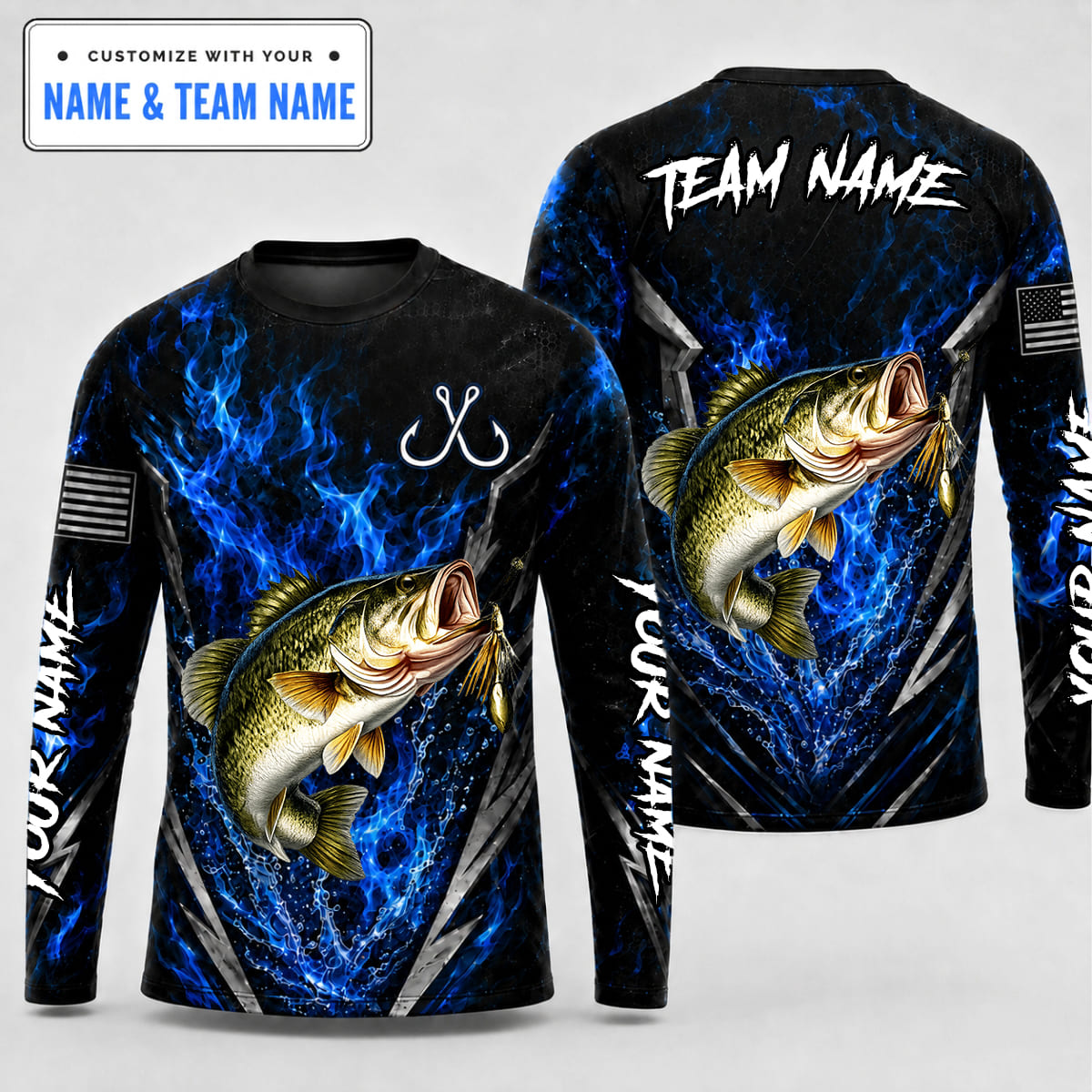 (12 Fish Types) Personalized Honeycomb Grid & Swirling Water Waves Fishing Shirt – Custom Name & Team Name FS08