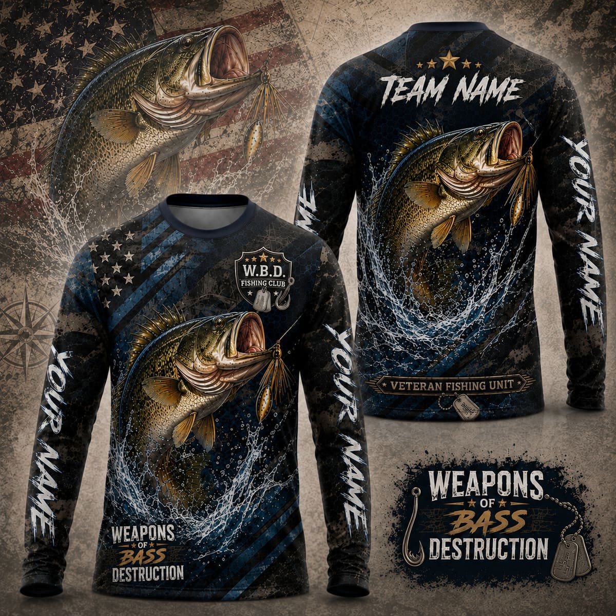 (12 Fish Types) Personalized Veteran Fishing Club American Flag Fishing Shirt – Custom Name & Team Name