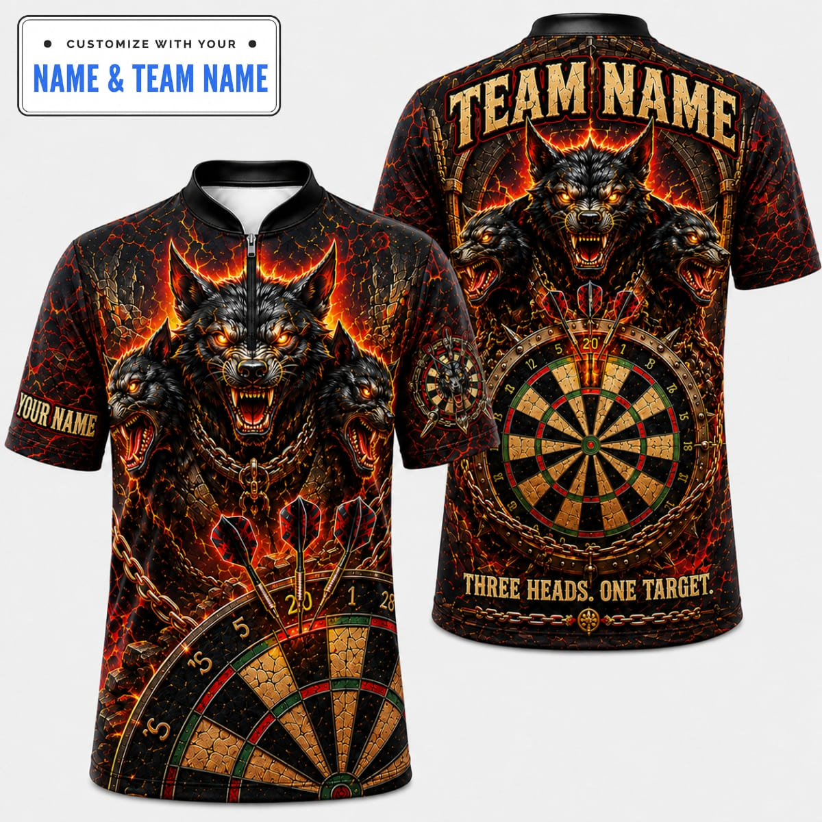 Personalized Cerberus Three Headed Wolf Darts Shirt – Custom Name & Team Name