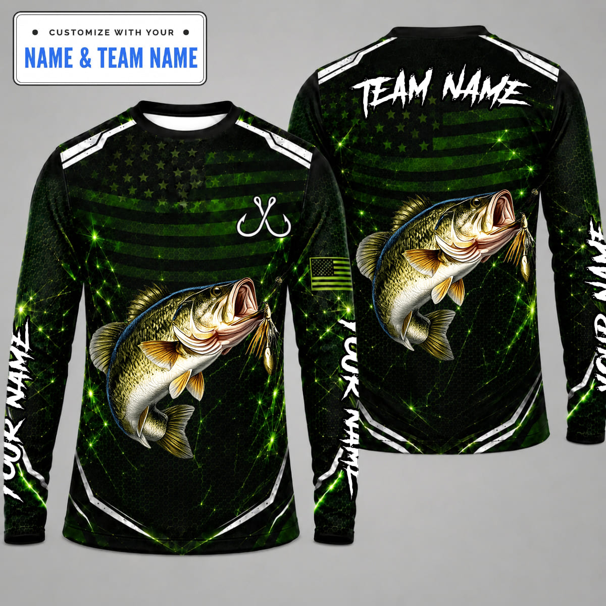 (12 Fish Types) Personalized US Flag Glowing Sparkle Network & Honeycomb Fishing Shirt – Custom Name & Team Name FS08