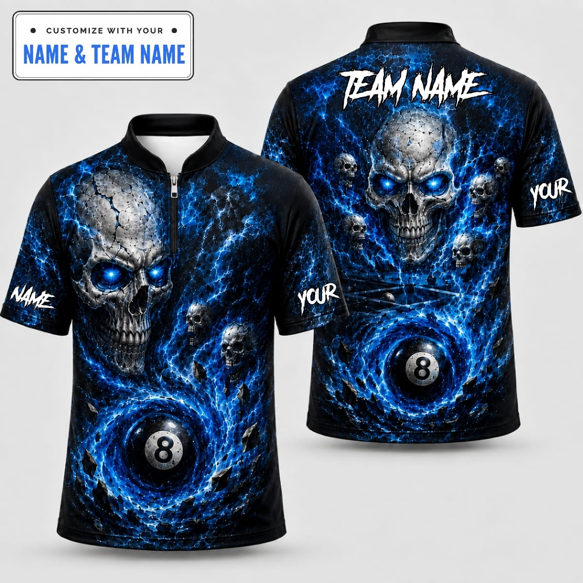 [5 Colors] Personalized Fire Skull 8 Ball Billiards Shirts – Custom Name & Team Name