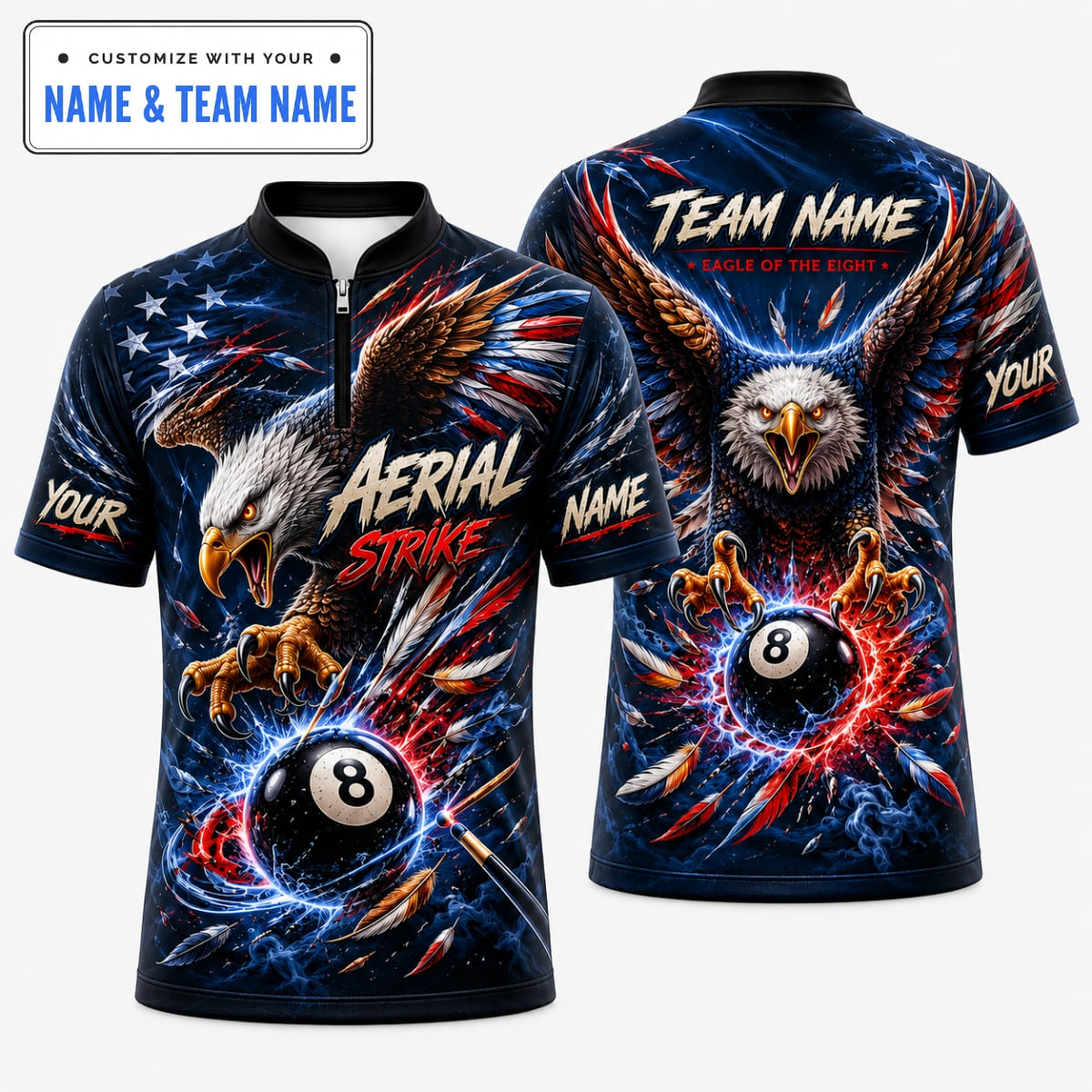 Personalized American Flag Eagle 8 Ball Billiards Shirt – Custom Name & Team Name