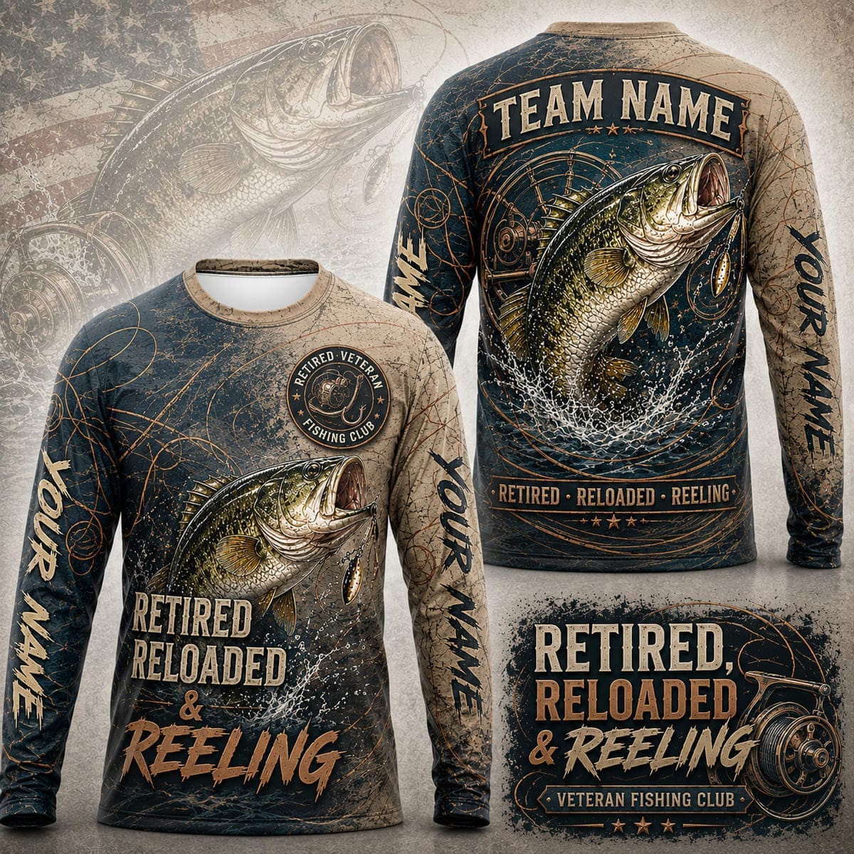 (12 Fish Types) Personalized Veteran Fishing Club Fan Long Sleeve Fishing Shirt – Custom Name & Team Name