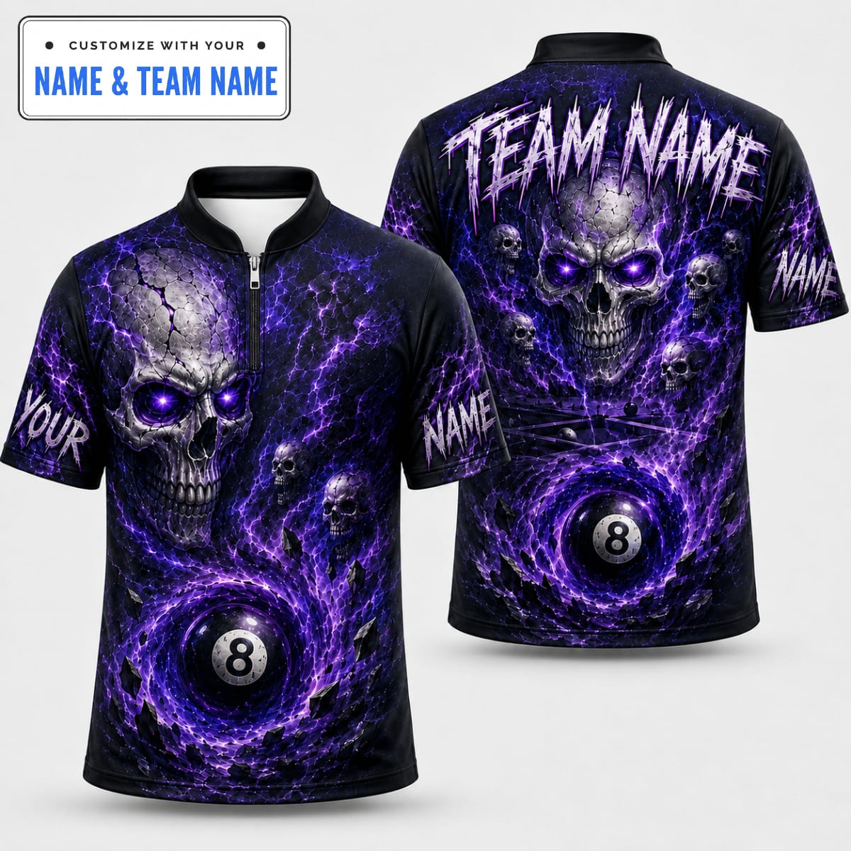 Personalized Fire Skull 8 Ball Billiards Shirts – Custom Name & Team Name