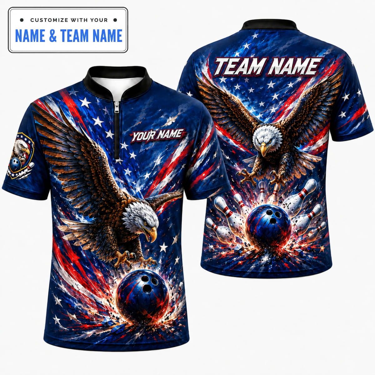 Personalized Patriotic American Bald Eagle Bowling Shirt – Custom Name & Team Name