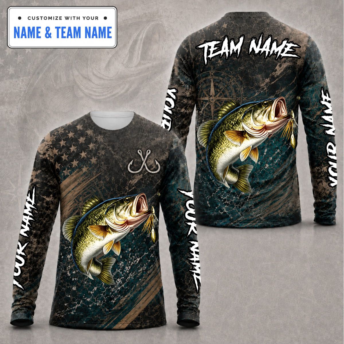 (12 Fish Types) Personalized Distressed Crackle Grunge & Compass Fishing Shirt – Custom Name & Team Name FS08