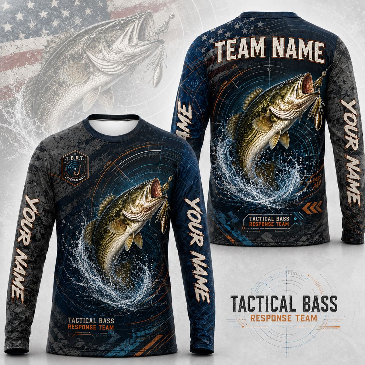 (12 Fish Types) Personalized Veteran Fishing Club American Flag Fishing Shirt – Custom Name & Team Name