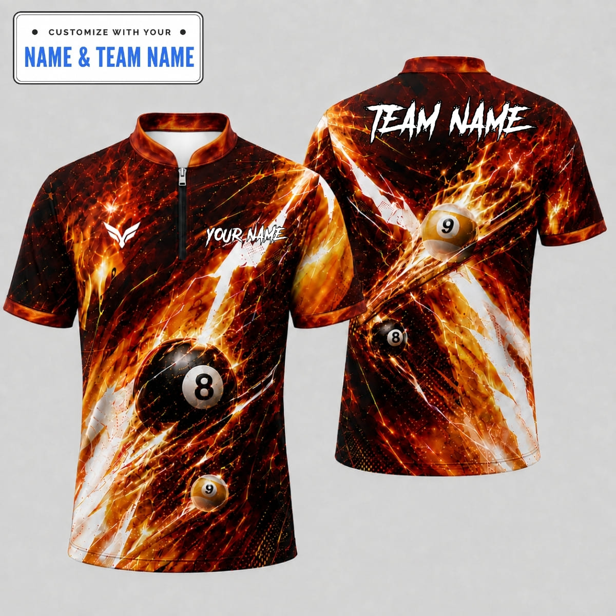 [5 Colors] Personalized Dynamic Fiery Inferno 8-Ball & 9-Ball Billiards Shirt – Custom Name & Team Name