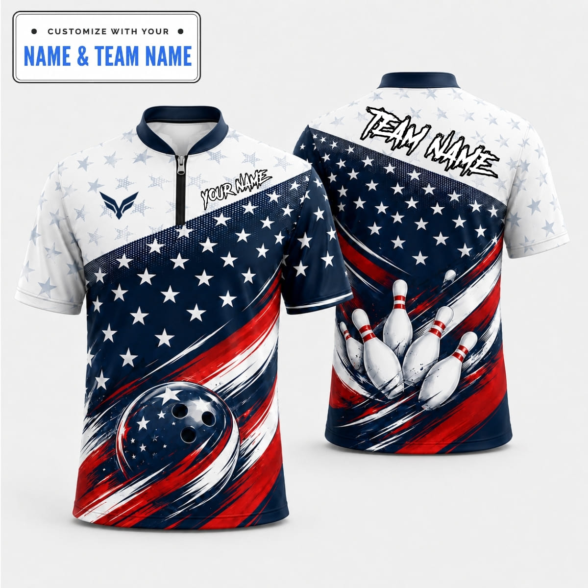 Personalized Patriotic American Flag Stars Stripes Bowling Shirt - Custom Name & Team Name
