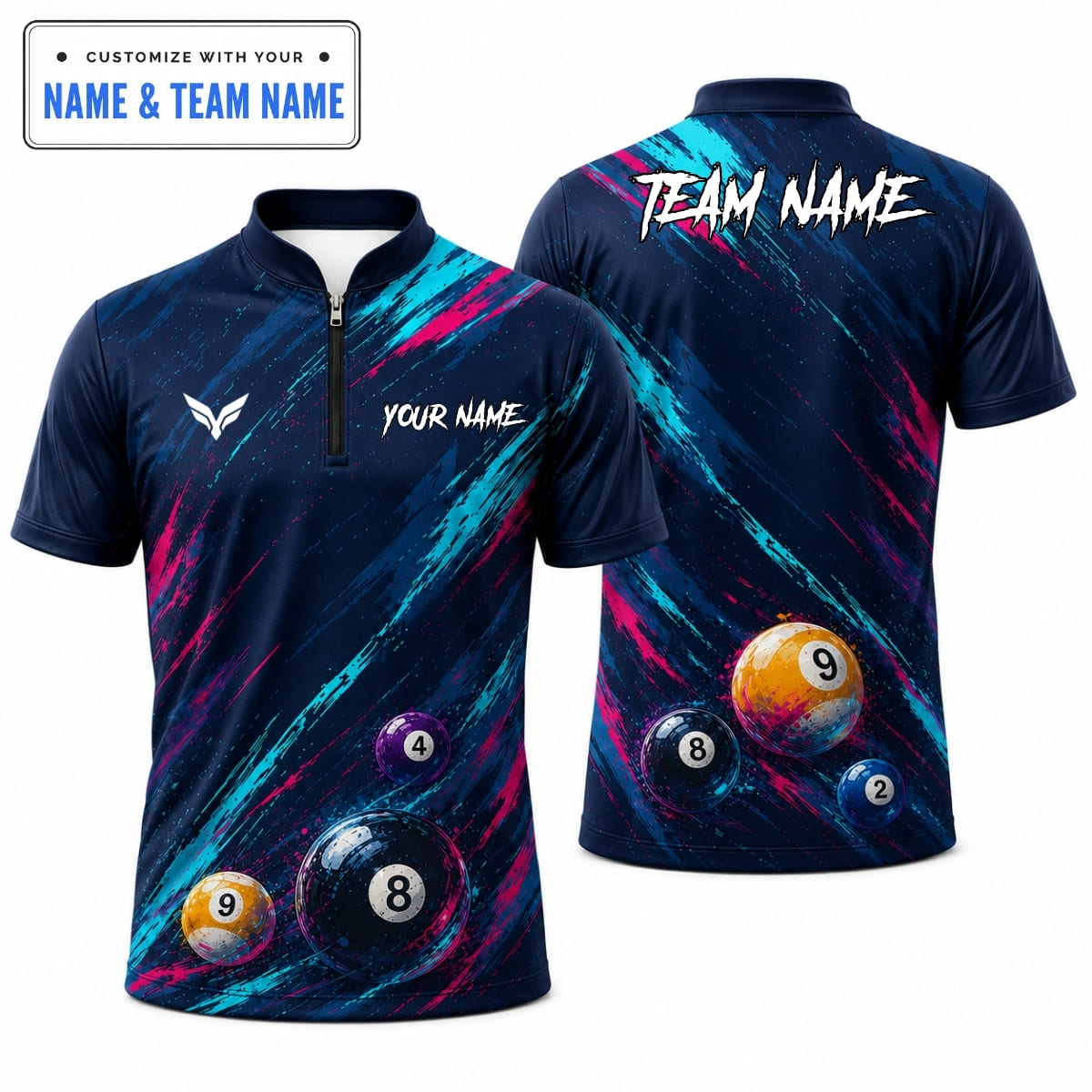 [5 Colors] Personalized Dynamic Brush Stroke 8-Ball & 9-Ball Billiards Shirt – Custom Name & Team Name