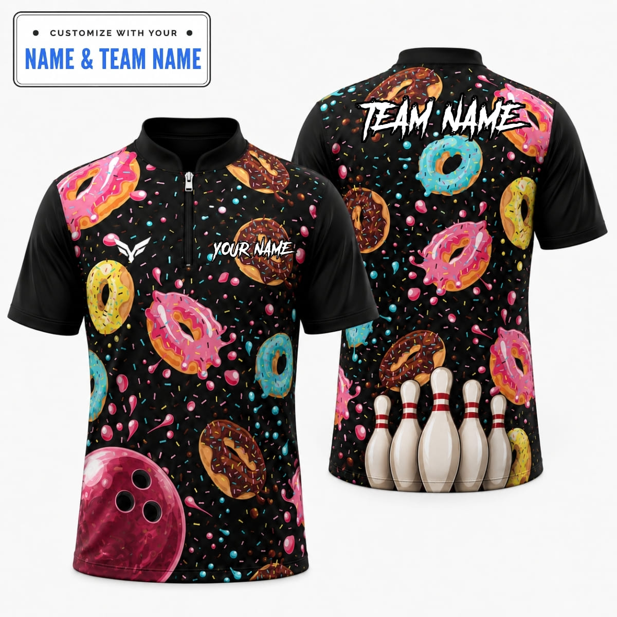 Personalized Sweet Glazed Donut Sprinkles Bowling Shirt - Custom Name & Team Name