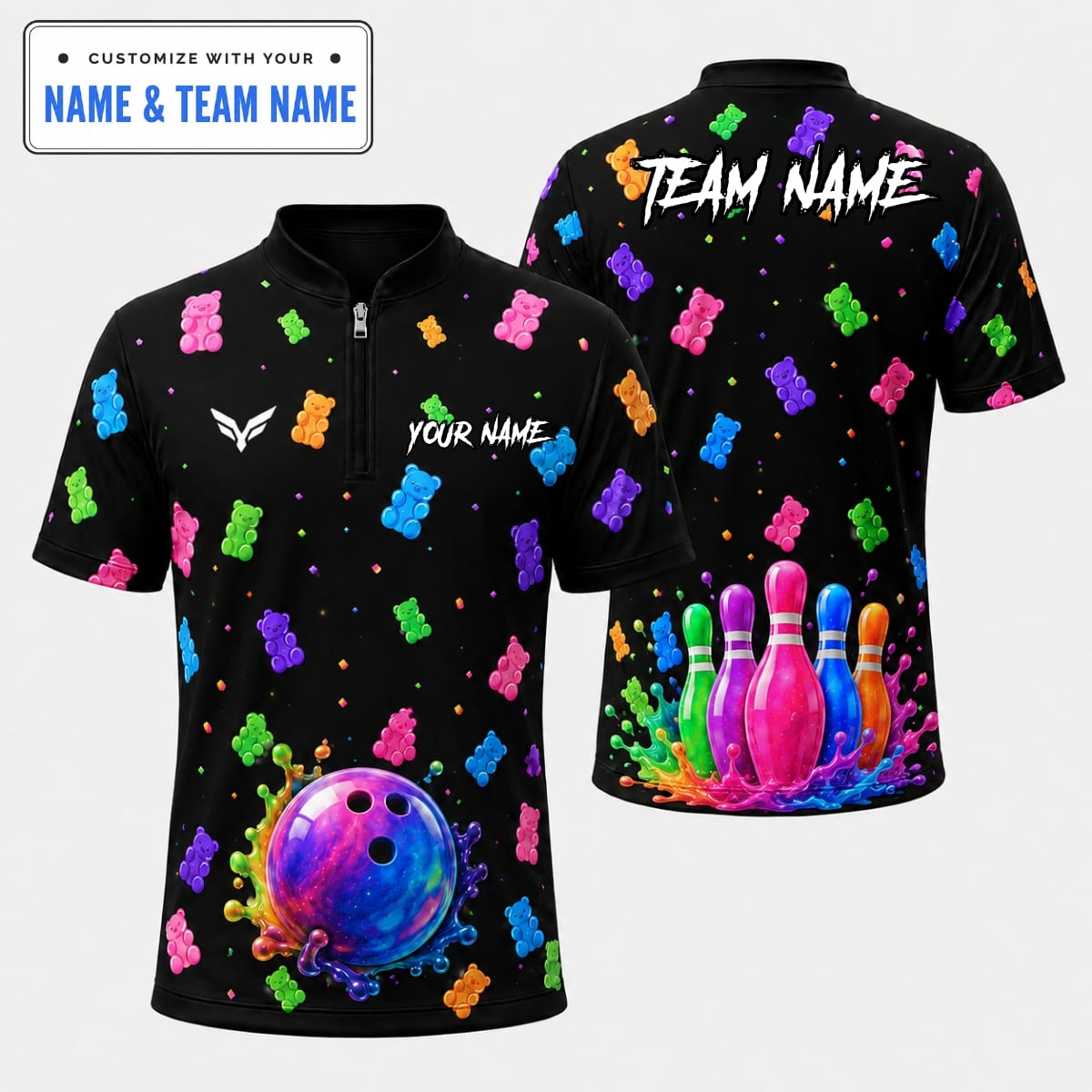 Personalized Sweet Gummy Bear Liquid Splash Bowling Shirt - Custom Name & Team Name
