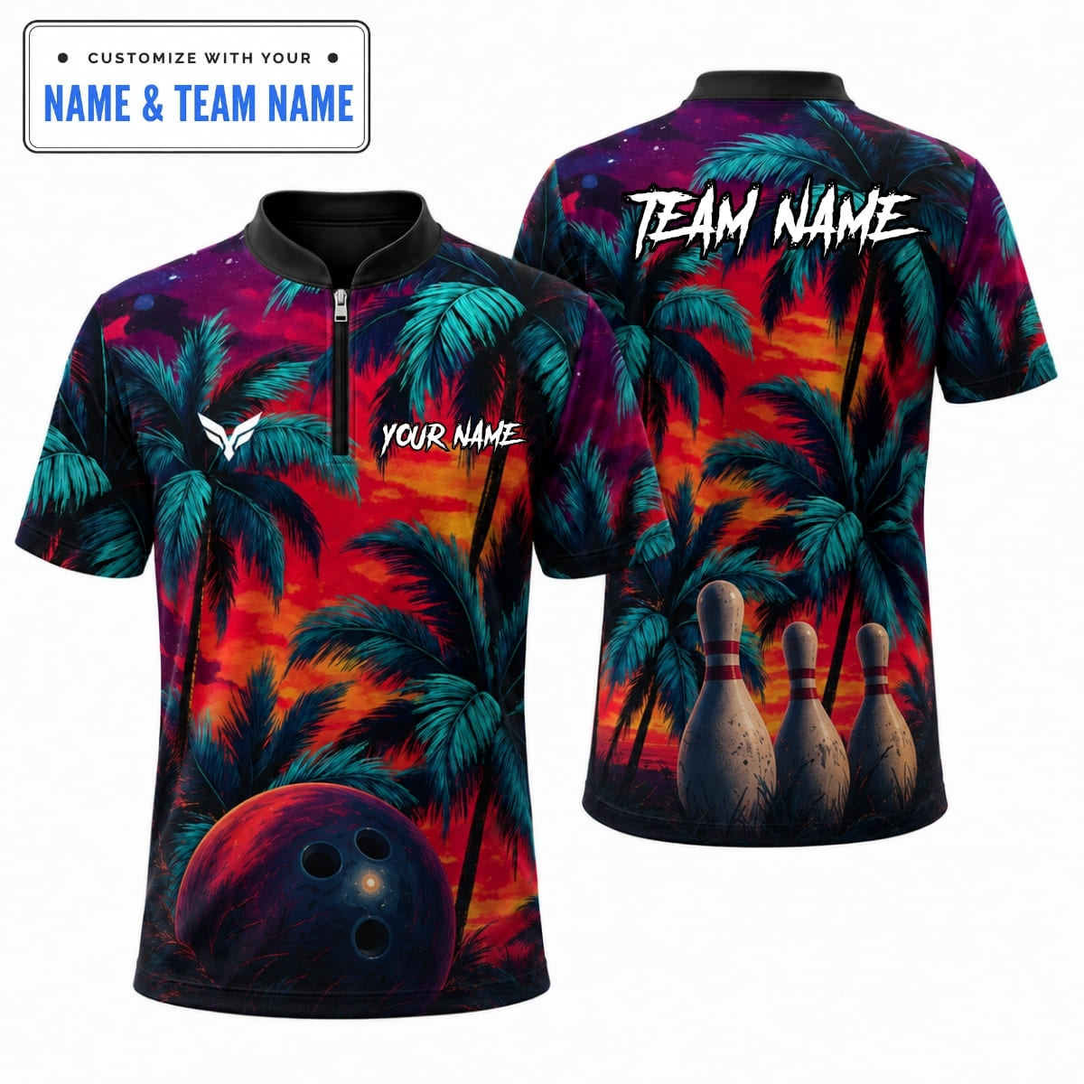 Personalized Tropical Palm Tree Sunset Bowling Shirt - Custom Name & Team Name