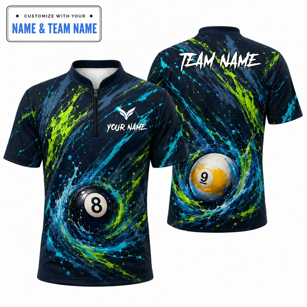 [5 Colors] Personalized Dynamic Water Splash 8-Ball & 9-Ball Billiards Shirt – Custom Name & Team Name