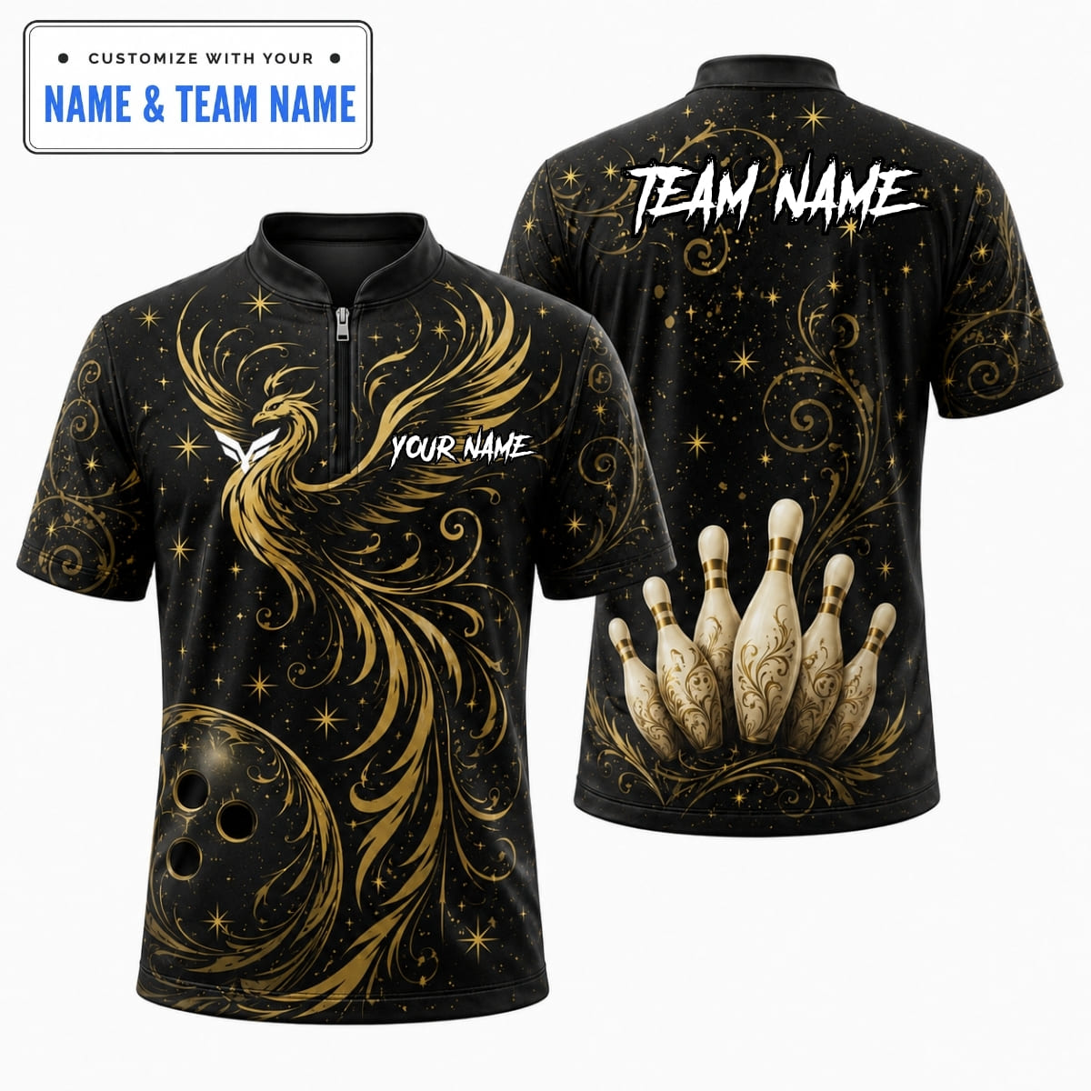 Personalized Phoenix Baroque Filigree Bowling Shirt - Custom Name & Team Name
