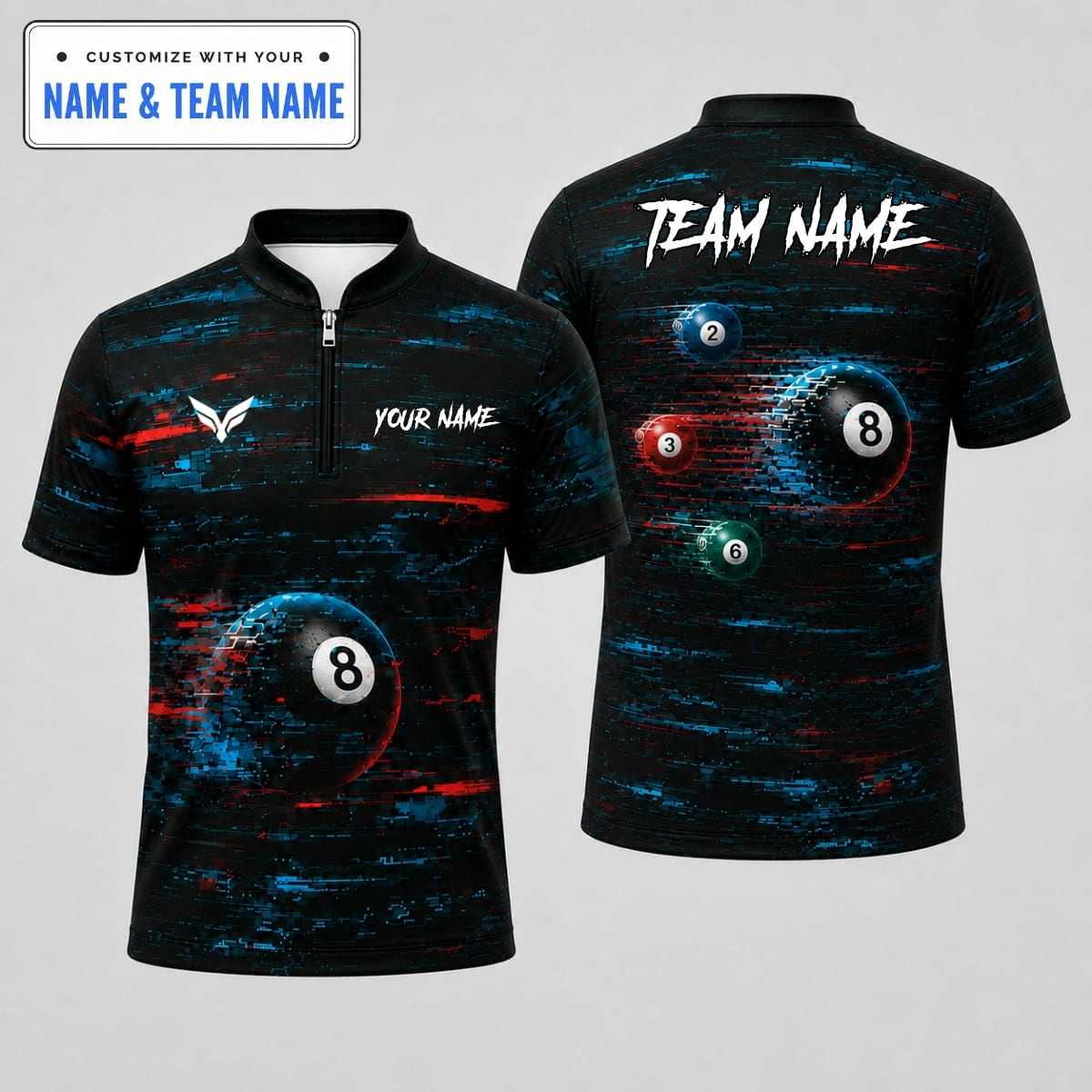 [5 Colors] Personalized Dynamic Digital Glitch 8-Ball Billiards Shirt – Custom Name & Team Name