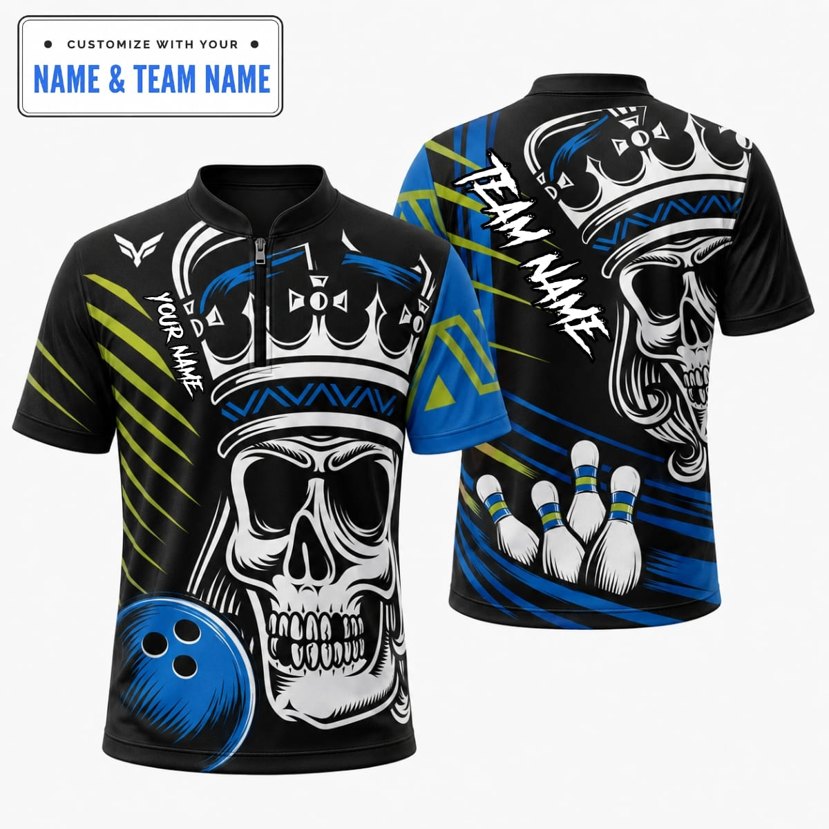 Personalized Geometric Speed Stripe Skull King Bowling Shirt - Custom Name & Team Name