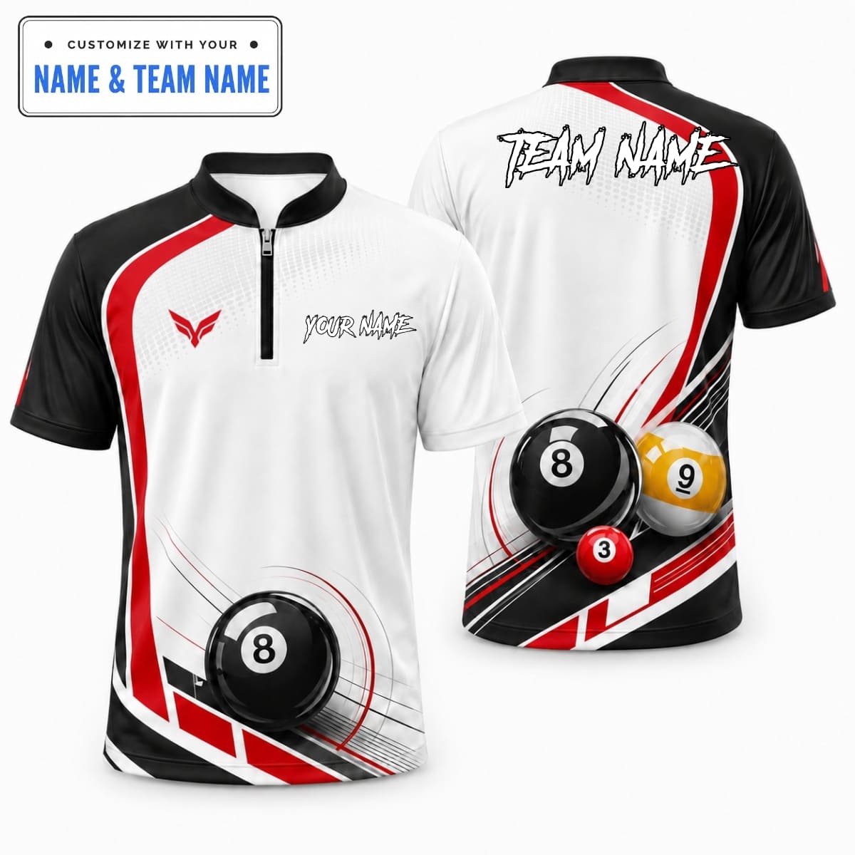 [5 Colors] Personalized Geometric Speed Stripe 8-Ball & 9-Ball Billiards Shirt – Custom Name & Team Name