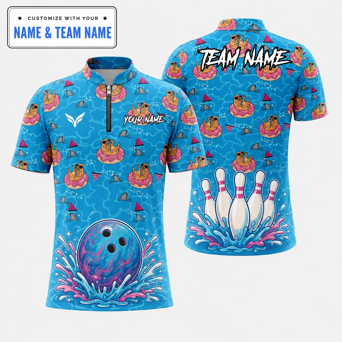 Personalized Funny Summer Pug Float Water Splash Bowling Shirt - Custom Name & Team Name