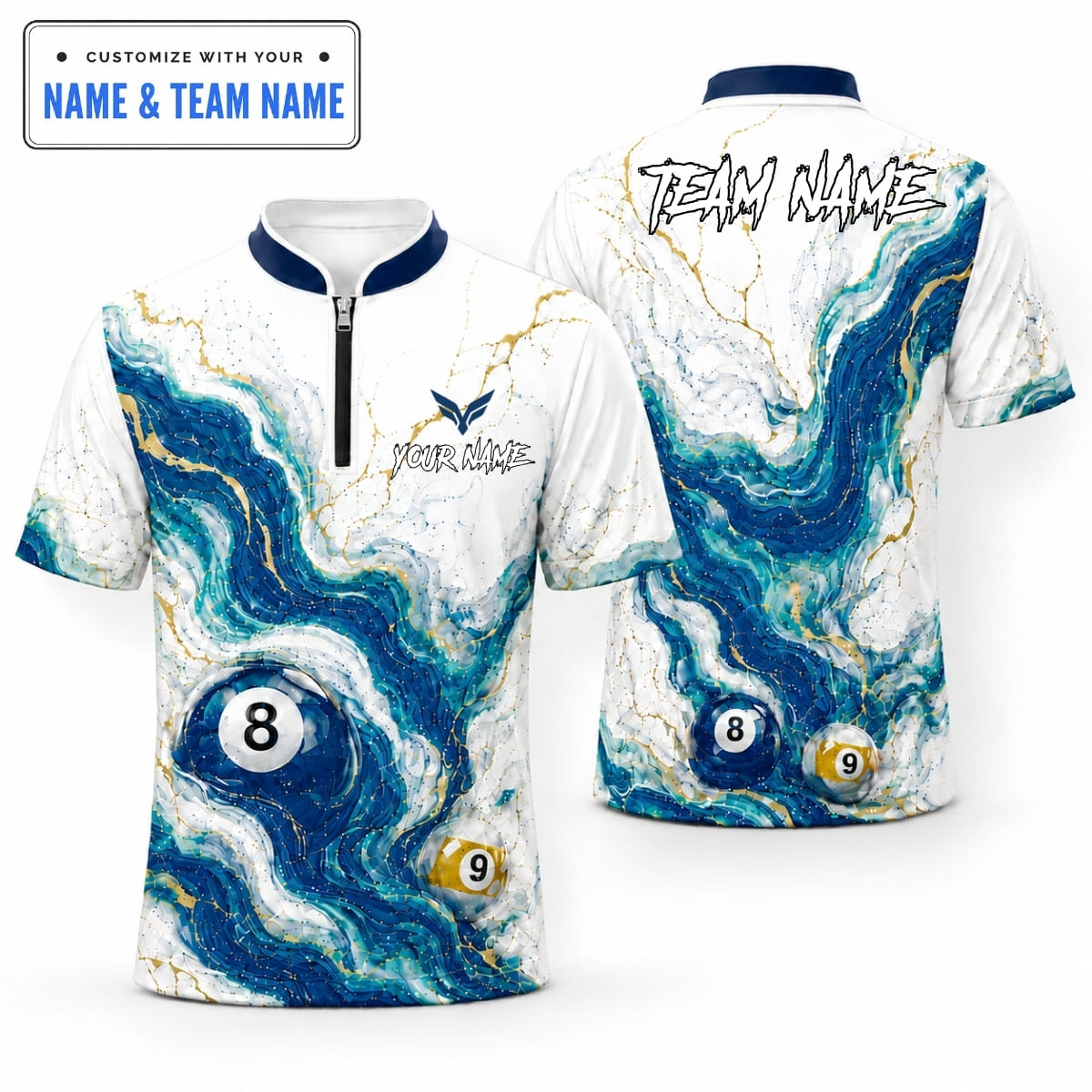 [5 Colors] Personalized Dynamic Luxury Marble 8-Ball & 9-Ball Billiards Shirt – Custom Name & Team Name