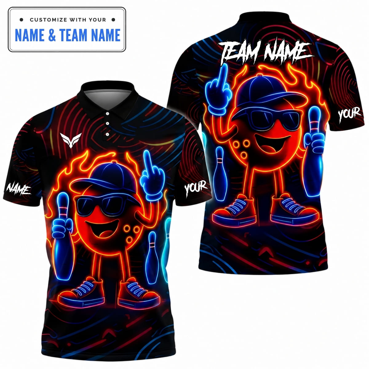 [4 Colors] Personalized Neon Mascot Bowling Ball Middle Finger Bowling Shirt – Custom Name & Team Name